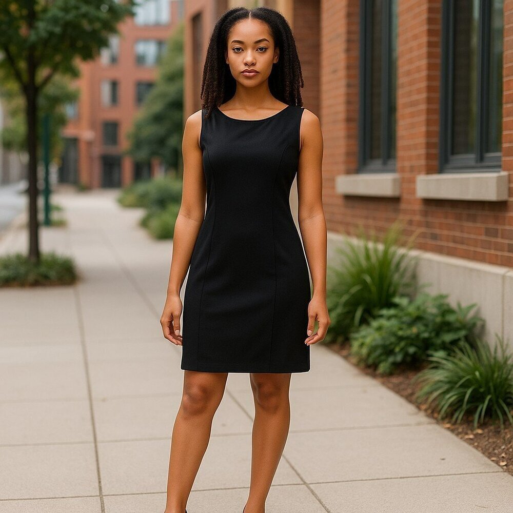 Max Studio Womens Small Black Leather Trim Sleeveless Zip Back Pencil Dress Sz S